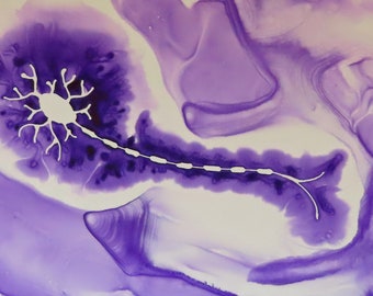 Neurona motora en púrpura - pintura de tinta original de células cerebrales - arte de neurociencia