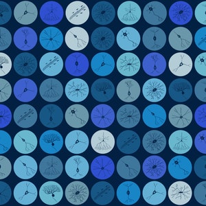 May include: A pattern of blue circles, each containing a detailed illustration of a neuron. The circles vary in shades of blue, creating a visually appealing and informative design. The neurons are depicted with their characteristic branching structures.