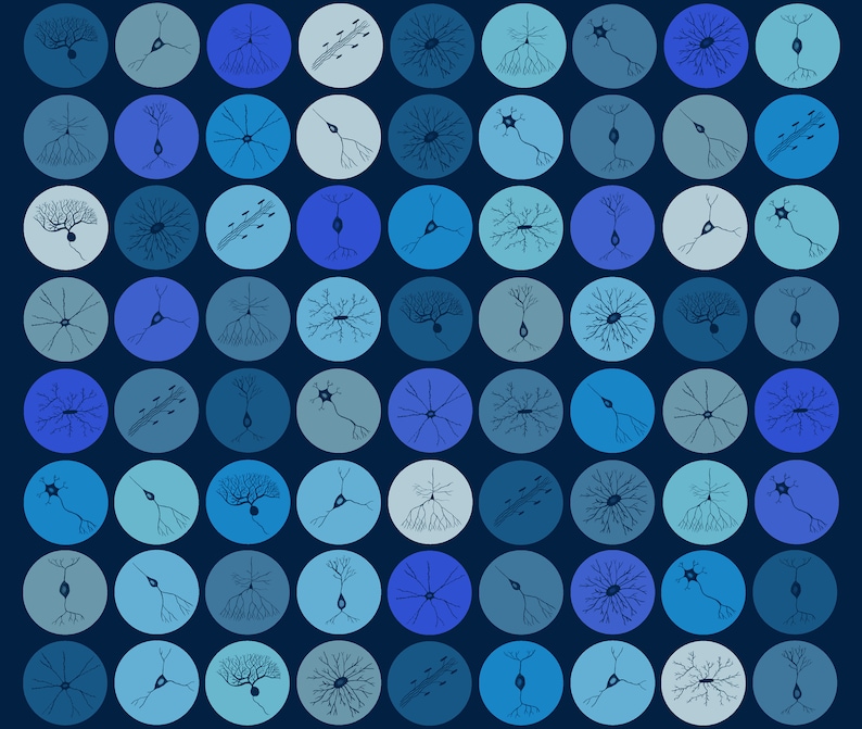 May include: A pattern of blue circles, each containing a detailed illustration of a neuron. The circles vary in shades of blue, creating a visually appealing and informative design. The neurons are depicted with their characteristic branching structures.