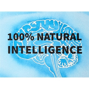 May include: A watercolor-style illustration featuring a white outline of a brain against a light blue background. Bold black text reads "100% NATURAL INTELLIGENCE". The image has a clean, artistic aesthetic.