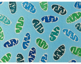 Mitocondrias azules y verdes - pintura original de acuarela - arte de biología celular