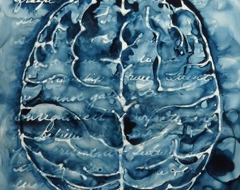 La memoria es frágil: Pintura original en tinta sobre yupo del cerebro - neurociencia arte literatura Isabel Allende