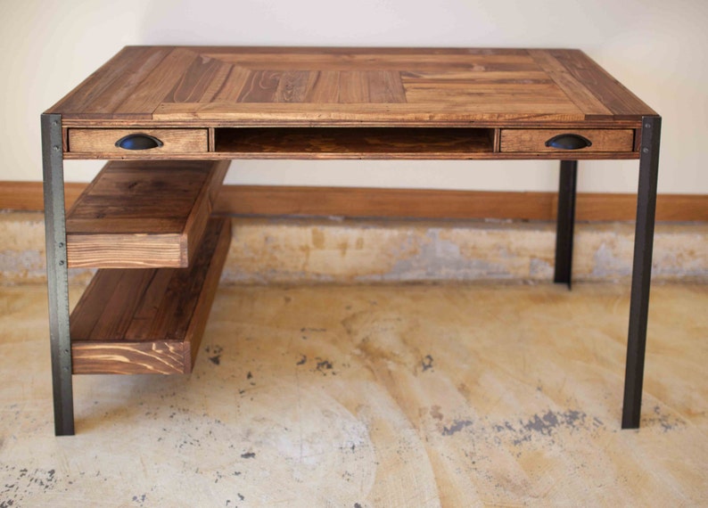 Pallet Wood Desk With 2 Drawers Center Shelf And Lower Shelves