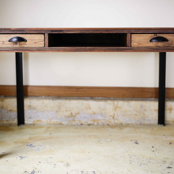 Pallet Wood Desk with Two Drawers and Center Shelf