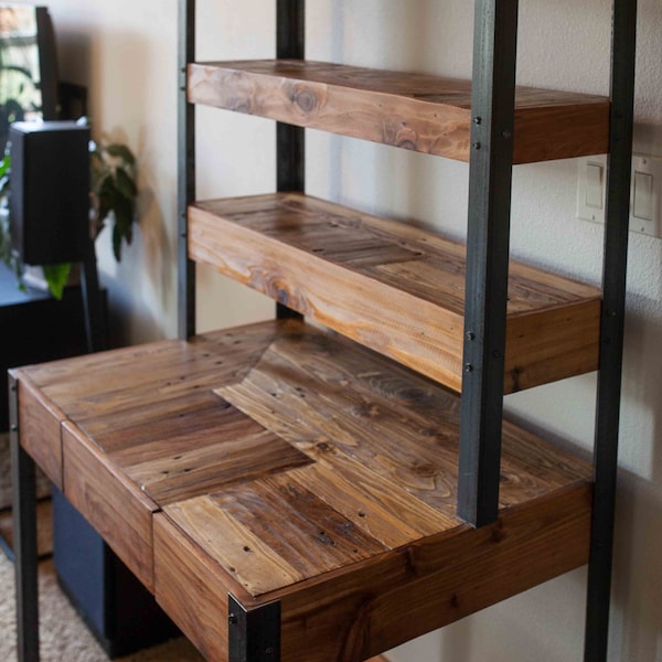 Multi Tiered Pallet Wood Desk with Drawer and Shelves