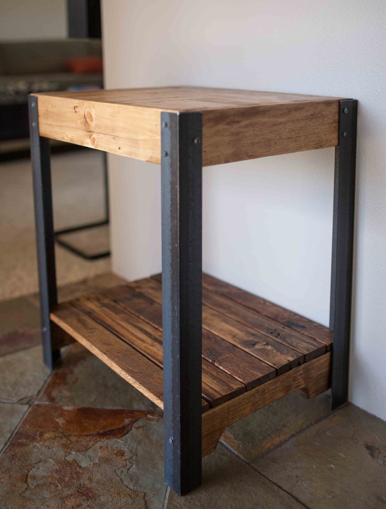 Pallet Wood Side Table With Metal Legs And Lower Shelf