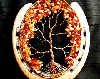 Wire Wrapped Horseshoe Tree of Life with Carnelian Chip Stone