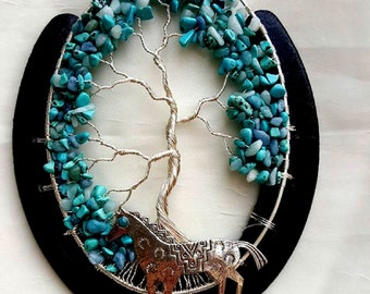 Wire Wrapped Horseshoe Tree of Life with Blue Chip Stone