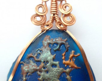 Authentic Cobalt Blue Beach Glass with Copper Splat Pendant