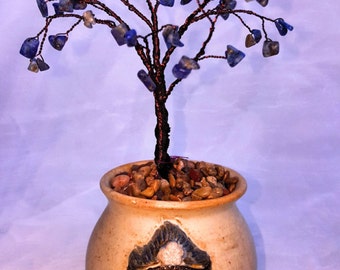 Bonsai WireTree Sculpture with Blue Chip Stone in Hindu Face Pot