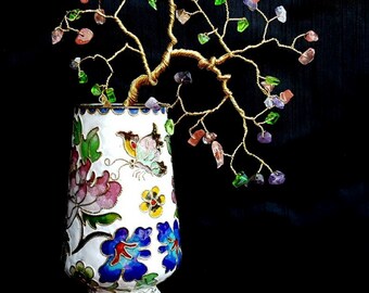 Oriental Style Wire Bonsai Tree Sculpture in a Cloisonne Style Vase