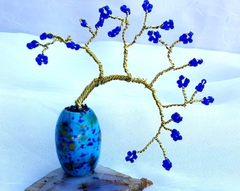 Miniature Wire Bonsai Tree Sculpture with Blue Leaves