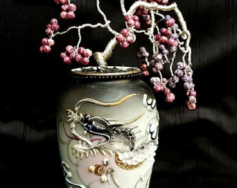 Wire Bonsai Tree Sculpture in Dragonware Vase with Jasper Leaves