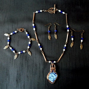 Copper Wire Wrapped Blue China Shard Necklace, Bracelet and Earrings Parure image 1