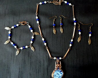 Copper Wire Wrapped Blue China Shard Necklace, Bracelet and Earrings Parure