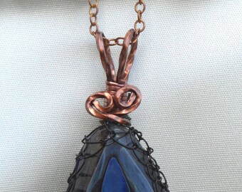 Wire Wrapped Blue and Black Borosilicate Glass Cabochon Necklace