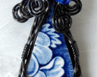 Black Wire Wrapped Blue China Shard Pendant with Blue Crystal Beads