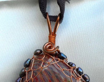 Copper Viking Knit Borosilicate Glass Slab Necklace w Freash Water Pearls