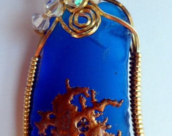 Wire Wrapped Authentic Cobalt Blue Beach Glass with Copper Splash Pendant