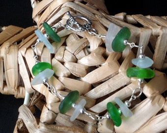 Silver Wire Wrapped Authentic Green and Clear Sea Glass Bracelet