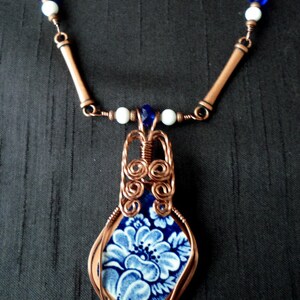 Copper Wire Wrapped Blue China Shard Necklace, Bracelet and Earrings Parure image 2