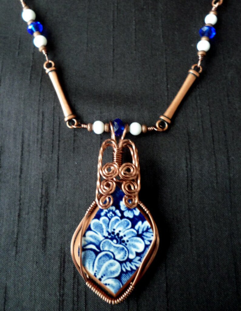 Copper Wire Wrapped Blue China Shard Necklace, Bracelet and Earrings Parure image 2