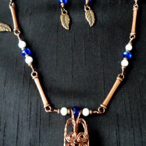 Copper Wire Wrapped Blue China Shard Necklace, Bracelet and Earrings Parure image 3