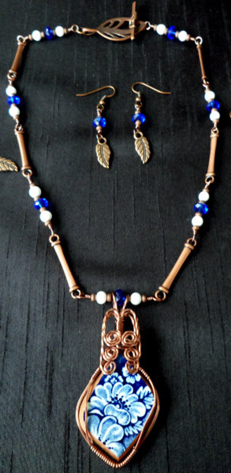 Copper Wire Wrapped Blue China Shard Necklace, Bracelet and Earrings Parure image 3