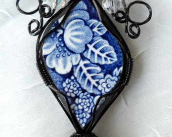 Black Wire Wrapped Blue China Shard Pendant with Crystal Beads
