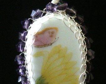 Wire Wrapped Viking Weave Floral and Butterfly Pottery Shard Necklace with Purple Crystals