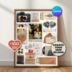 Puede incluir: Un collage enmarcado con fotos, cajas de cerillas y elementos decorativos. Incluye una foto de una pareja, una cámara, dados y el texto "I love you". El collage también tiene el texto "Create Your Own Design" y "+100 Icons."