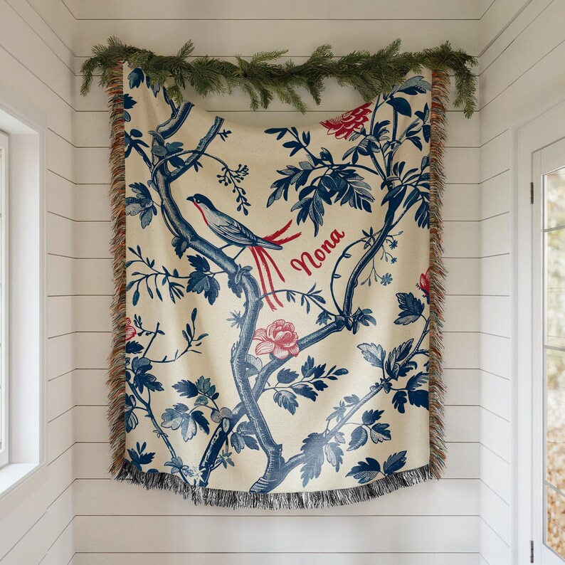 Personalized Woven Throw Blanket, Blue Bird Chinoiserie Style, Custom ...