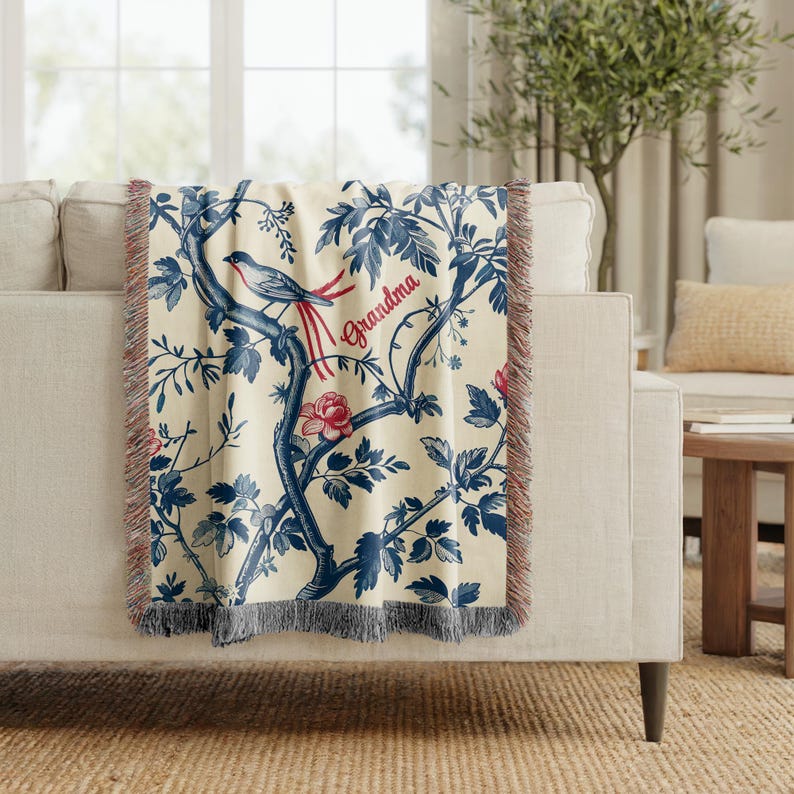 Personalized Woven Throw Blanket, Blue Bird Chinoiserie Style, Custom ...