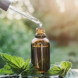 K&ouml;nnte beinhalten: Eine braune Glasflasche mit einer Pipette, die Fl&uuml;ssigkeit abgibt. Die Flasche ist von gr&uuml;nen Bl&auml;ttern umgeben, mit einem verschwommenen gr&uuml;nen Hintergrund. Das Bild ist gut beleuchtet und deutet auf ein Naturprodukt oder &auml;therisches &Ouml;l hin.