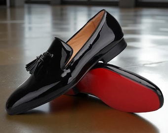 Men&#39;s Black Leather Tassel Loafers: Handmade Patent Leather Slip-Ons