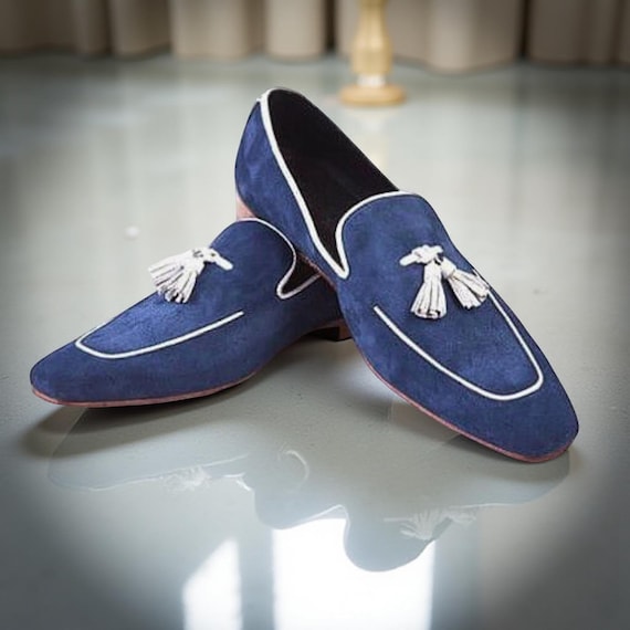Handmade Men Navy Blue Suede Leather Tassels Loafer Moccasins Shoes - Etsy  Israel