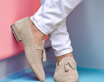 Handmade Light Beige Suede Leather Tassel Loafer Moccasin Shoes For Men