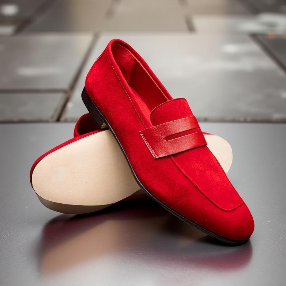 Handmade Red Suede Leather Loafers Shoes For Men