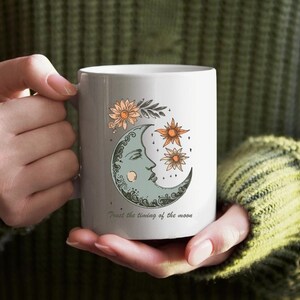 Sunflower Moon Mug, Boho Celestial Coffee Cup, Astrology Lover Gift, Moon Phase & Sunflower Ceramic Tea Cup, Mystic Lunar Floral Mug