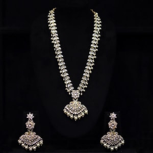 Handmade Necklace Set | Kundan Bridal Long Necklace & Earrings | Traditional Rani Haar | Indian Pearl Jewelry | Ethnic Wedding Jewelry