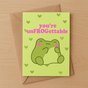 Carte de jeu de mots grenouille You're UnFROGettable – Jolie grenouille verte pour la Saint-Valentin, anniversaire de Kawaii, carte de voeux animal drôle pour les amis et l'amour
