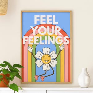 Stampa artistica da parete "Senti i tuoi sentimenti" - Poster retrò colorato con margherite - Decorazione con citazione positiva per camera da letto, studio di terapia o dormitorio