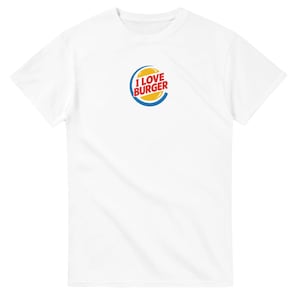 I Love Burger Parody Logo T-Shirt | Funny Fast Food Unisex Tee |Heavy Cotton | Burger Meme Shirt Gift| Gildan® 5000