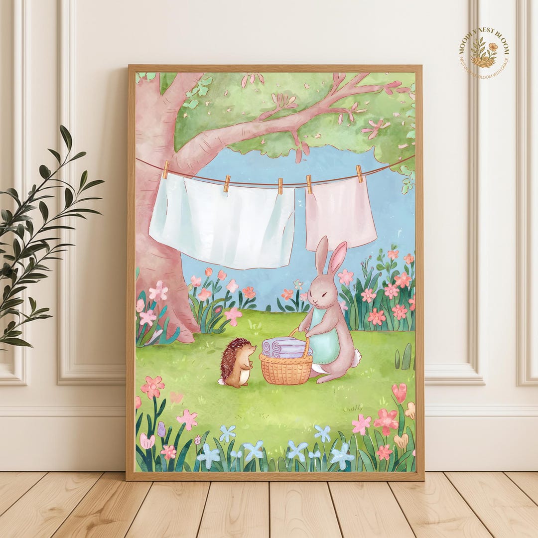 Bunny Laundry Print, Woodland Nursery Wall Art, Spring Baby Decor - Etsy