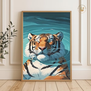 Art mural tigre dans l&#39;eau, affiche de salle de bain bleu cool, imprimé animal moderne pour décoration de salle de bain côtière ou spa