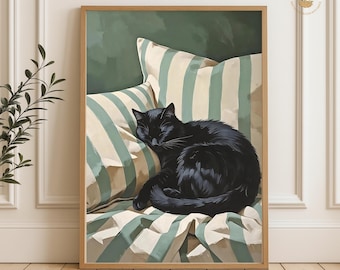 Emerald Green Cat Print: Sleeping Black Cat, Vintage Style
