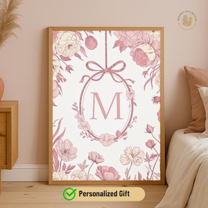 Floral Monogram Wall Art, Custom Initial Print for Nursery or Bedroom, Personalized Gift for Her or Baby Girl, Girl Room Decor Gift