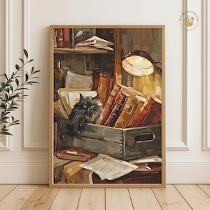 Schwarze Katze Bibliothek Print: Vintage Bücherkisten Kunst, gemütliches Wohndekor