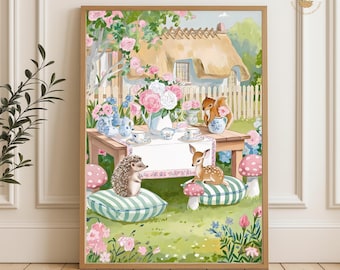 Cottagecore Animal Tea Party Print: Woodland Nursery Wall Art