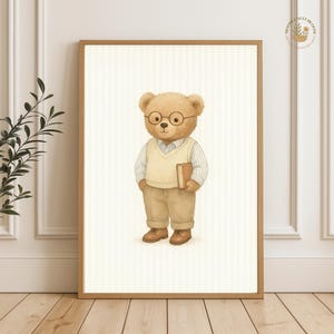 Teddy Bear Wall Art Print, Dressed Bear Nursery Poster No Frame, Cute Animal in Glasses, Vintage Kids Room Decor, Bookish Bear Print